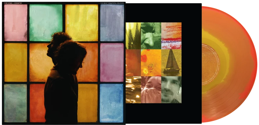 The online exclusive on vinyl: the sleeve carrying the painted
                    window with the silhouette, the inner sleeve of photographs,
                    and the record itself in marbled orange and amber.
